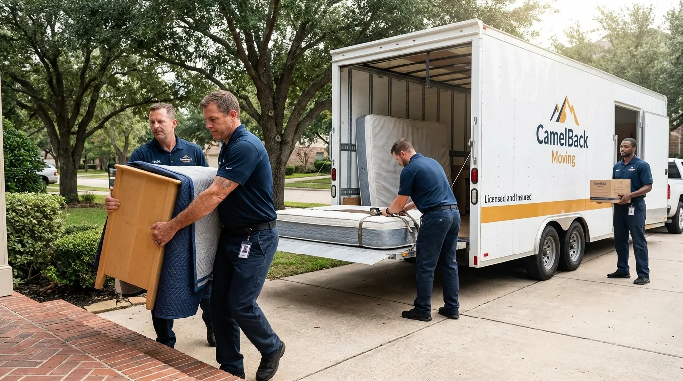 Crew loading residential truck for cross-state move from Bellevue, ID