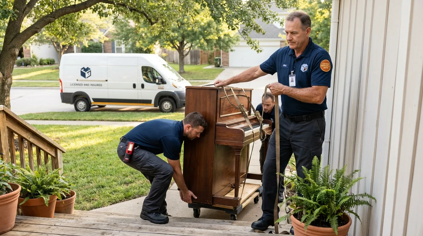 Licensed piano movers securing grand piano in Bellevue, ID
