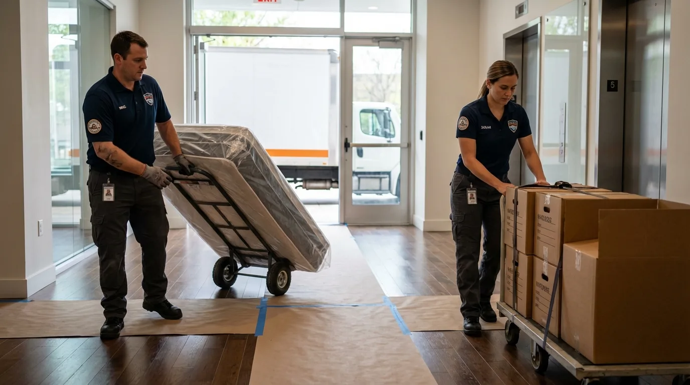 Professional apartment movers loading elevator in Bellevue, ID